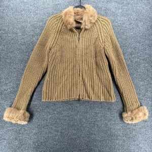 Kenji Sweater Womens XL Brown Rabbit Fur Collar Cuffs Full Zip Y2K Boho 90s